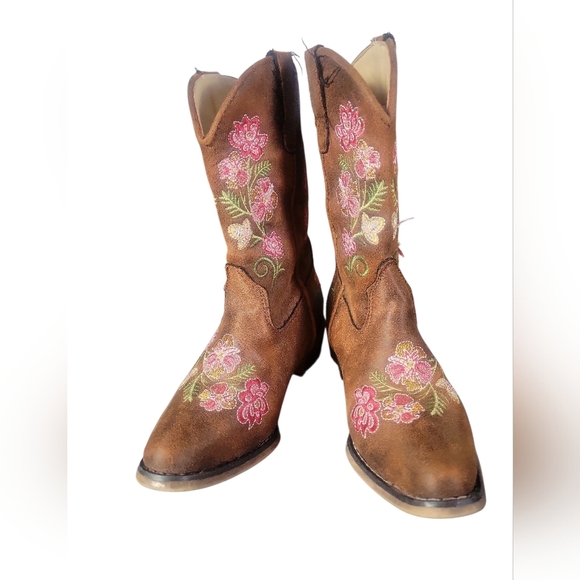 Roper Girls' Brown Floral Faux Leather Embroidery Snip Toe Cowboy Boots Sz 11 - Picture 2 of 8